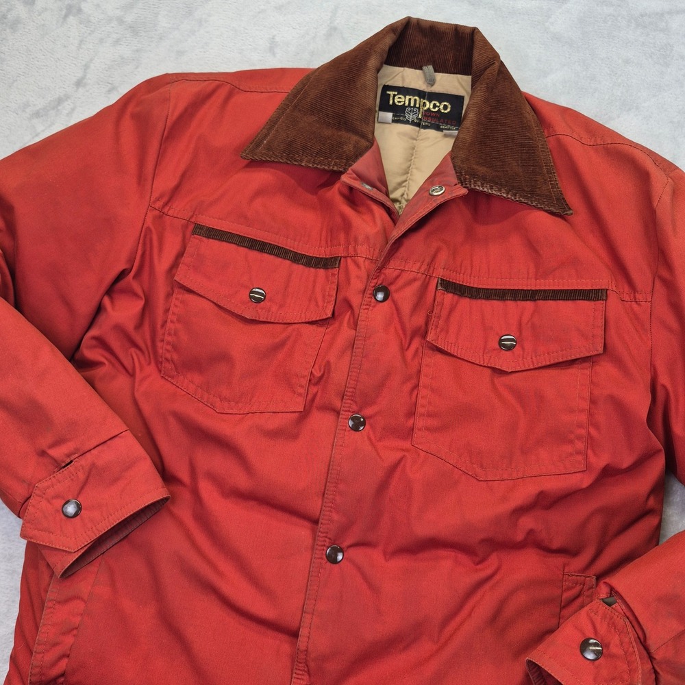 Vintage Tempco Down Insulated Puffer Jacket Orange Corduroy Collar Mens M Winter